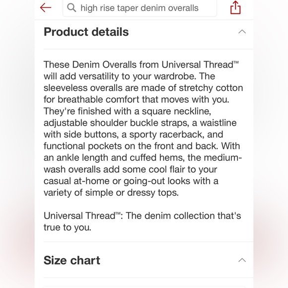 TARGET denim overalls raw hem size 4 Medium Wash Universal Thread tapered leg - Picture 4 of 5